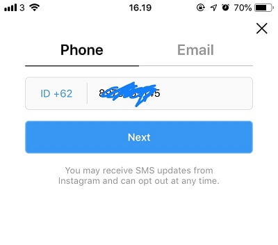 Membuat akun instagram dengan nomor telepon atau email