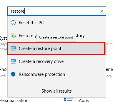 masuk menu restore point windows 10