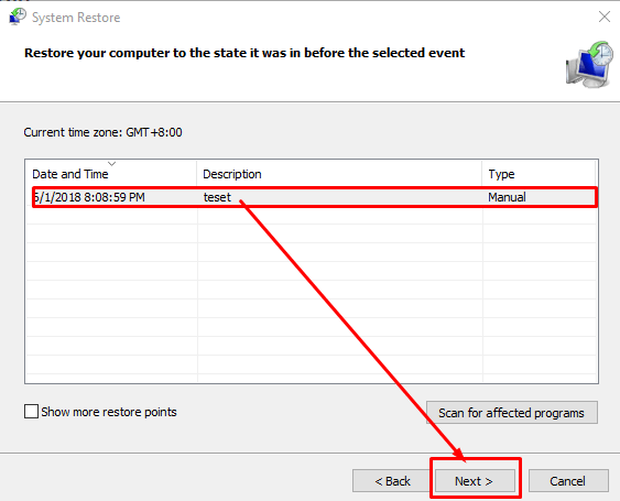 mengembalikan restore point pada windows 10 dari daftar