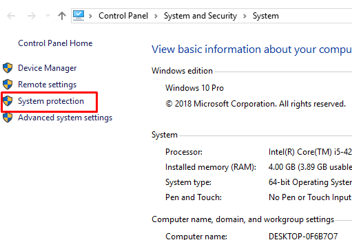 system protection pada windows 10