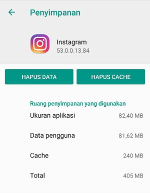 hapus cache dan data aplikasi instagram
