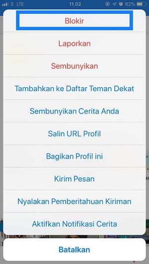 menu blokir di instagram