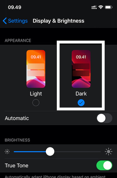 menu mode gelap pada iPhone