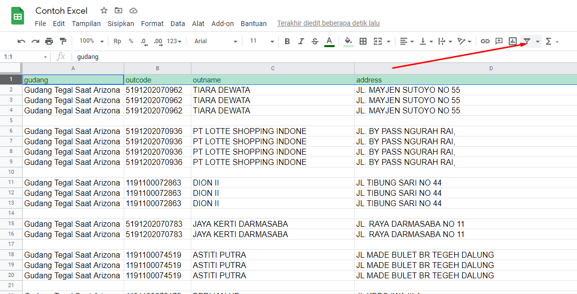 Buat filter google sheet untuk menghapus baris kosong