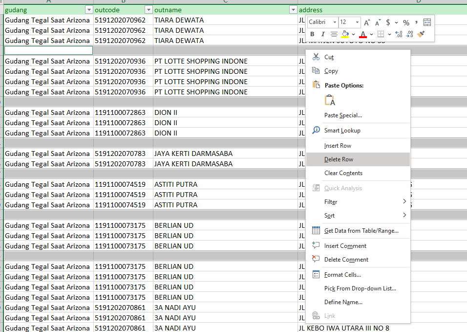 Hapus baris kosong pada excel