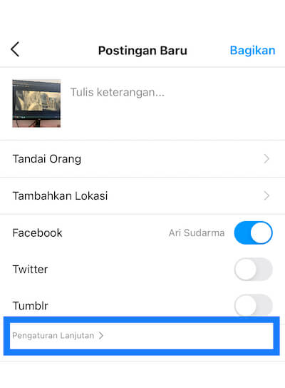 Pengaturan lanjutan postingan baru instagram