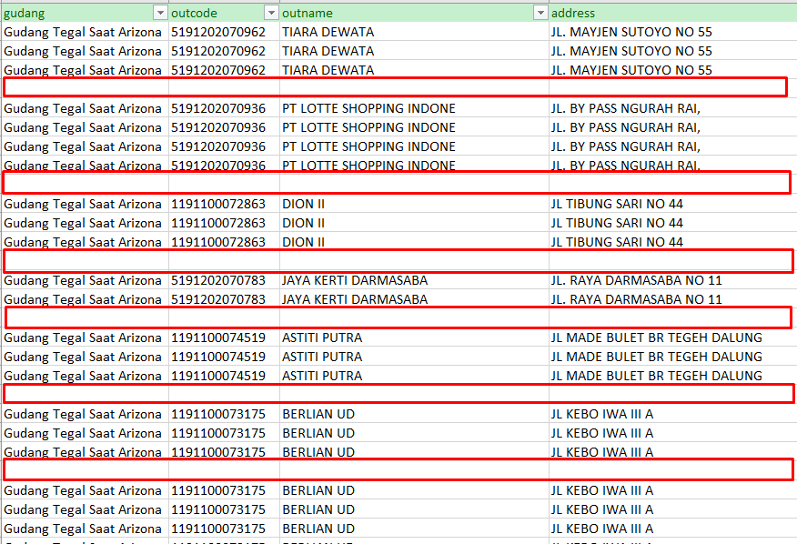 contoh data baris kosong pada excel