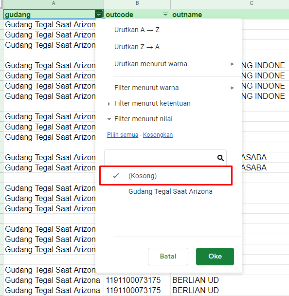 filter data kosong pada google sheet