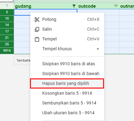 hapus baris kosong pada google sheet