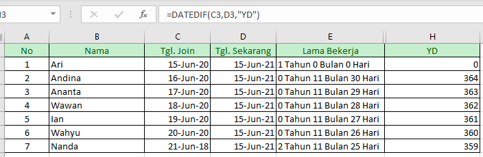 Menghitung sisa hari setelah dibagi tahun dengan excel