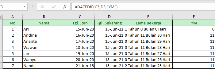 Menghitung sisa bulan dengan excel