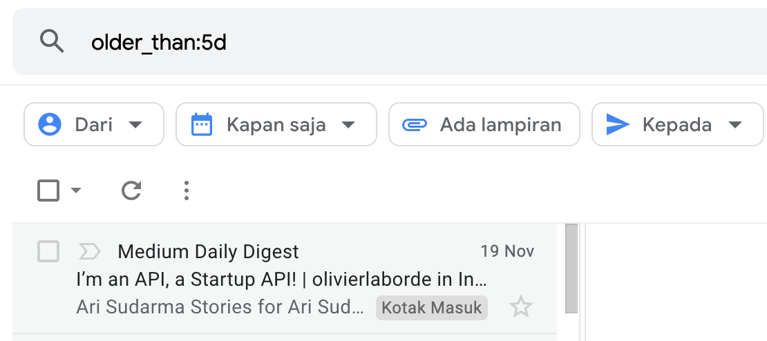 pencarian email berdasarkan hari yang sudah lewat