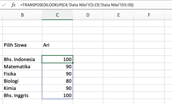 Contoh xlookup dan transpose dengan excel