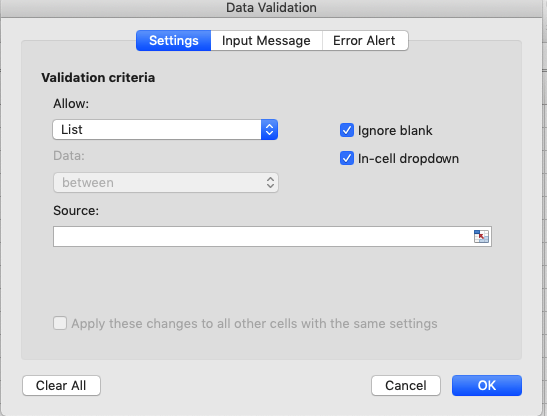 Menambahkan list pada data validation creteria