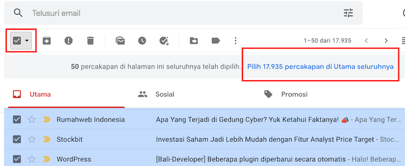 Menandai pesan email yang akan dihapus pada gmail
