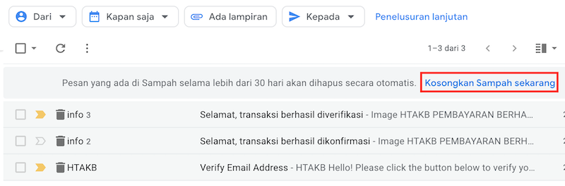 Mengosongkan folder sampah gmail