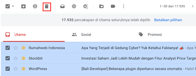 Mengosongkan kotak masuk gmail
