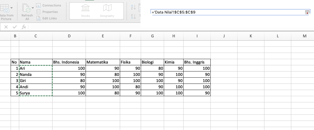 memilih data untuk dropdown list di excel