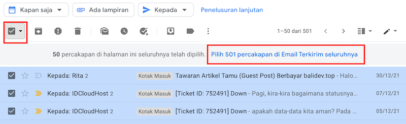 menghapus semua email terkirim pada gmail